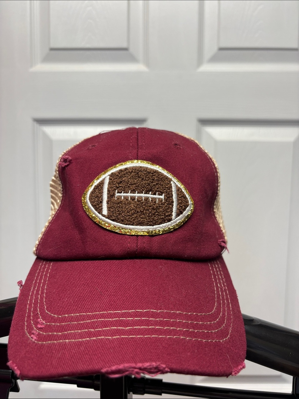 Sugar Stitch Maroon & Tan Trucker Hat with Football Patch & a hint of Glitter